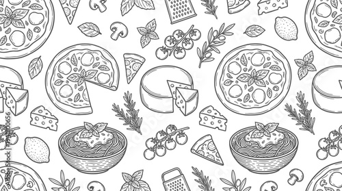 Italian Food Seamless Pattern with Pizza, Pasta, Cheese, and Tomatoes; Hand-Drawn Black and White Vector Sketch for Restaurant Menu and Kitchen Decor