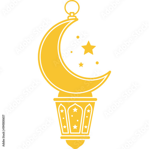 Golden Crescent Moon Lantern: A radiant lantern design in a soft gold hue, embellished with the elegant silhouette of a crescent moon and stars, designed to evoke serenity and spirituality. 