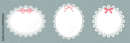 Set of white lace doilies with bows. Paper cutout design. Vintage oval and circle frame collection.