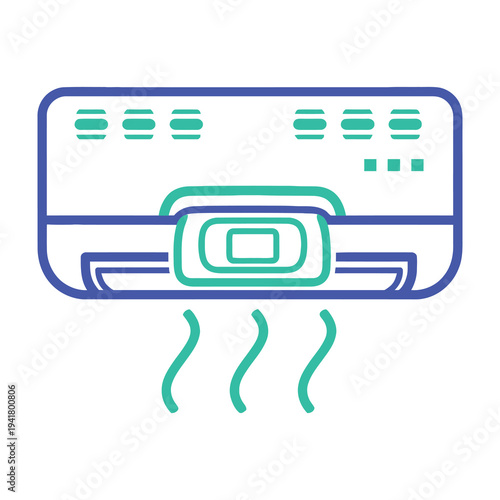 Air conditioner icon with blue outline and green accents on white background symbolizing cooling and comfort
