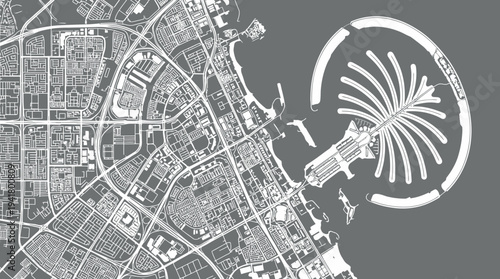 Modern Minimalist Map of Dubai City featuring Palm Jumeirah and Urban Layout Schematic, White and Gray Minimal Graphic for Urban Planning and Travel Concept