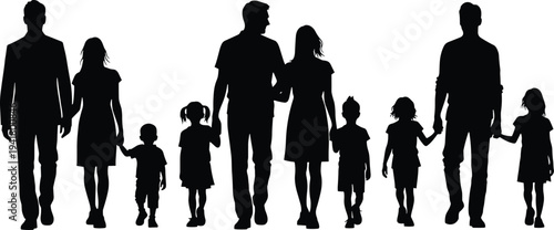 Family walking silhouettes collection, parents with children holding hands, happy family lifestyle figures isolated on white background