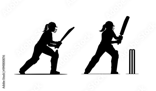 Two Female Cricket Players with Bats Silhouette Ready for Match Vector Illustration
