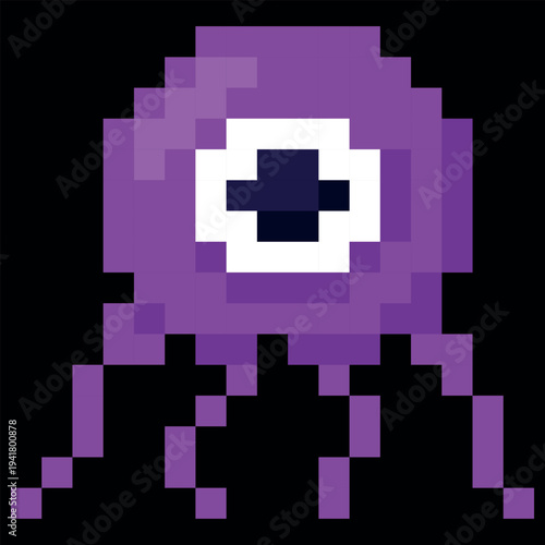 Alien character purple octopus with one eye vector pixel art, space monster, mutant astronaut, 8 bit video game UFO