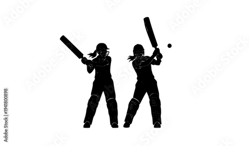 Female Cricket Players Silhouette with Bats Ready for Game Vector