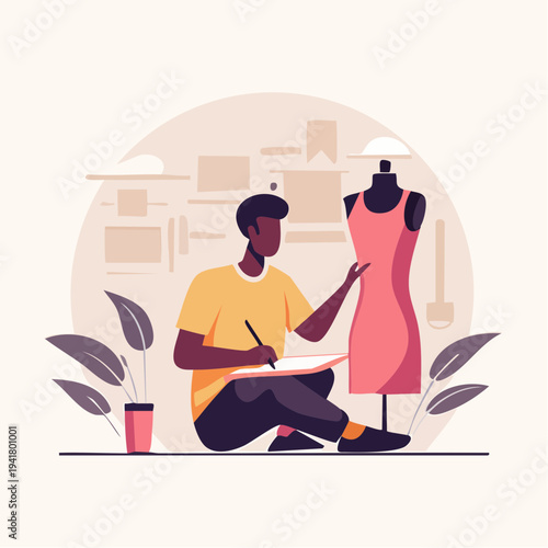 Fashion Designer Working on a New Dress Design on a Mannequin