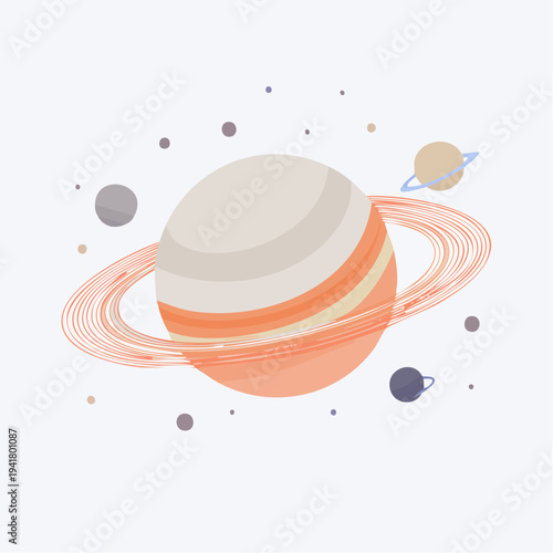 Stylized illustration of Saturn with moons and rings against a light purple background
