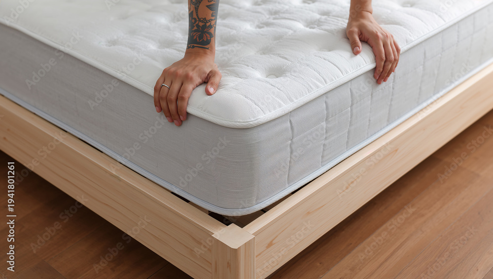 Fototapeta premium Close-up of hands touching a new mattress on a wooden bed frame, emphasizing comfort and quality