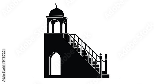 Black silhouette of a building with a staircase and dome on top, Generative AI.