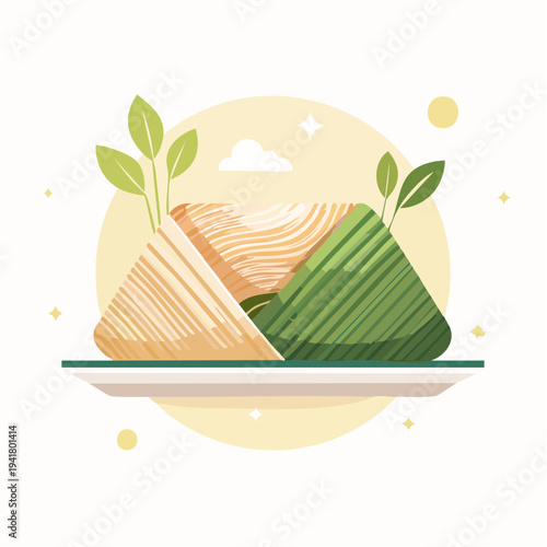 Traditional Asian Rice Dumplings served on a plate with decorative leaves and accents