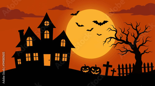 Spooky Halloween Haunted House Silhouette with Full Moon, Bats, and Pumpkins against an Orange Night Sky