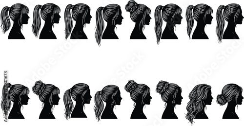 Female head profile silhouettes collection, women ponytail and bun hairstyles set, girl side view shadow portraits isolated illustration bundle