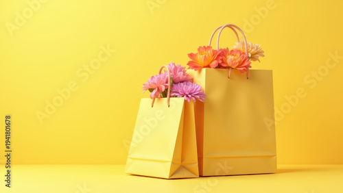 Summer sale shopping bags with colorful flowers spilling out on pastel yellow background, vivid yellow and coral tones
