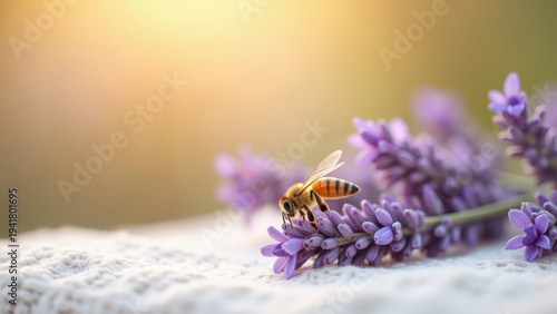 Fresh spring mockup frame with blooming lavender sprigs and honey bee on white linen surface, bokeh soft warm background