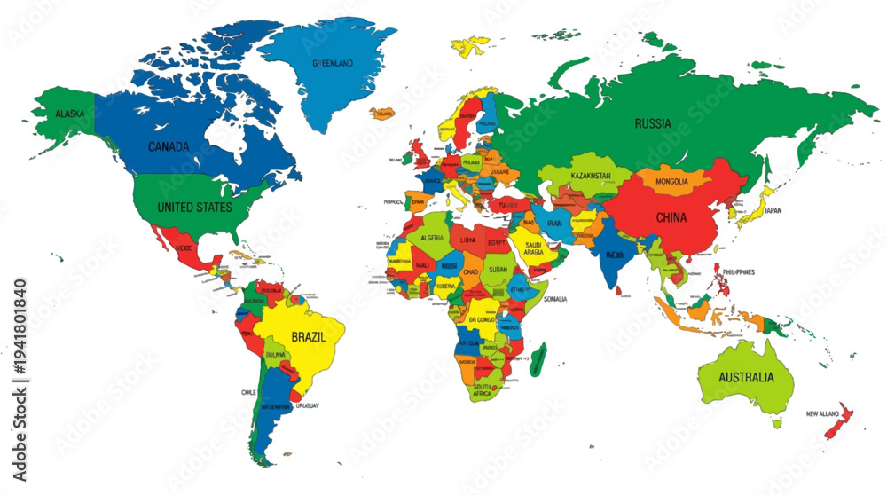 Obraz premium Colorful Political World Map with Country Names and Borders. Detailed 2D geographic illustration of the globe for education, travel, and business infographics.