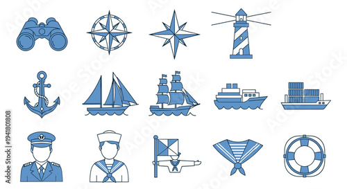 A collection of nautical icons and symbols in blue on a white background
