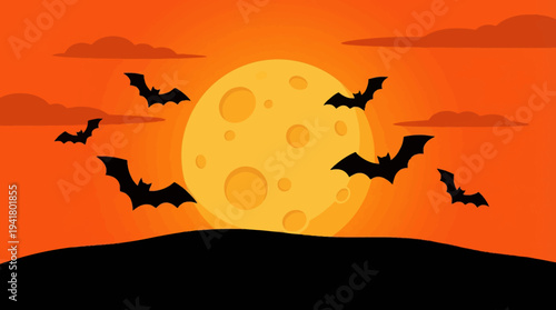 Spooky Halloween Night Landscape Illustration Featuring Black Flying Bats Silhouettes and a Large Yellow Full Moon Against a Vibrant Orange Sky Background