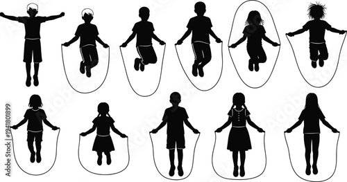 Black silhouette collection of happy children jumping rope and skipping, diverse boys and girls active in sport exercise and outdoor play