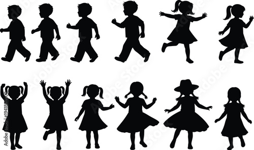 Collection of children silhouettes featuring boys and girls walking, running, dancing, and playing in various happy poses isolated on white background