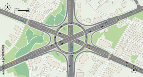 Complex Highway Interchange with Circular Configuration and Multiple Access Points.