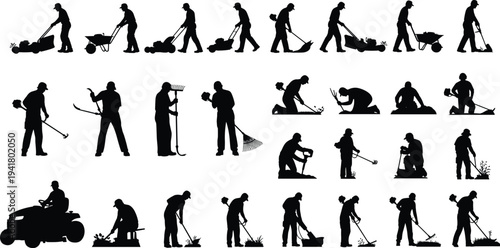 Gardener silhouettes collection, workers mowing lawn raking leaves and planting, gardening activity figures isolated on white background illustration set