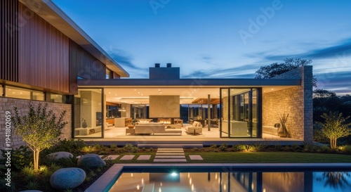 Modern house exterior with pool and interior view at dusk