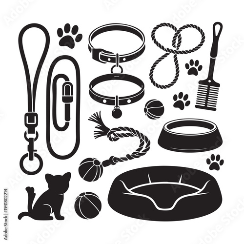 Black and white dog accessories and including leash collar toys and bed