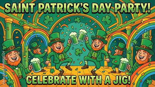 Vibrant Saint Patrick's Day celebration with leprechauns enjoying beer in a festive, rainbow-themed party atmosphere from a lively overhead viewpoint