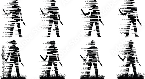 Glitch warrior silhouettes set, sword fighter digital distortion effect collection, cyber shadow soldier figures isolated modern illustration bundle