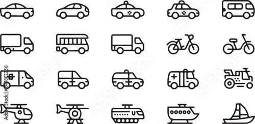 Black and white line of various vehicles and transportation modes line vehicles cars