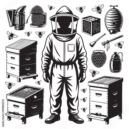 Beekeeper in protective suit surrounded by beehives and bees honeycomb