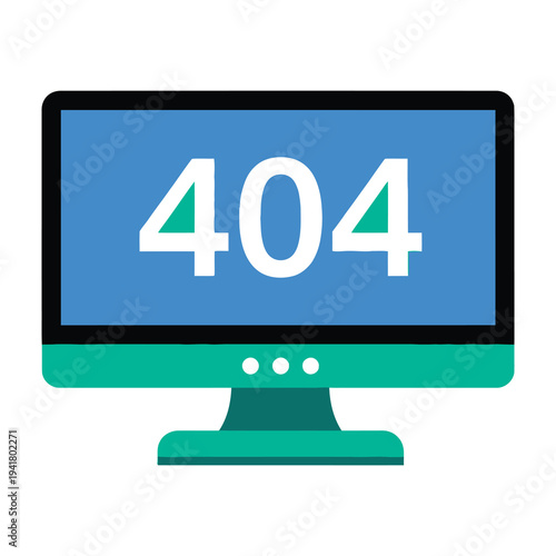 Computer monitor displaying 404 error screen on bright blue background with green base and white numbers