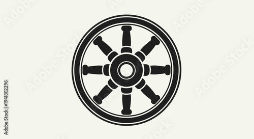 Buddhist wheel of dharma symbol in black color on beige background, Generative AI.