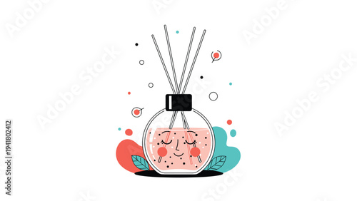 Cute illustration of a reed diffuser bottle with a happy face and essential oil sticks in a minimal graphic style.