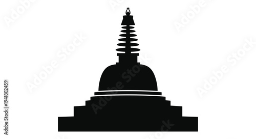 Black silhouette of a buddhist stupa or dagaba with a tall spire, Generative AI.
