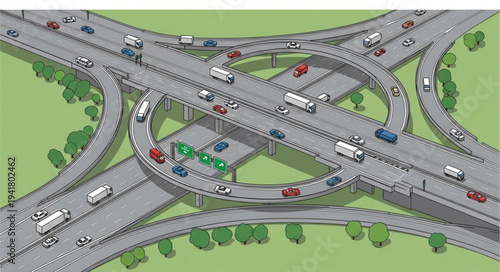 Complex Highway Interchange with Multiple Lanes and Vehicles.