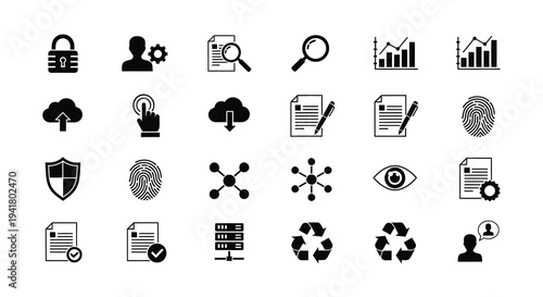 Collection of black icons representing data security and technology silhouette