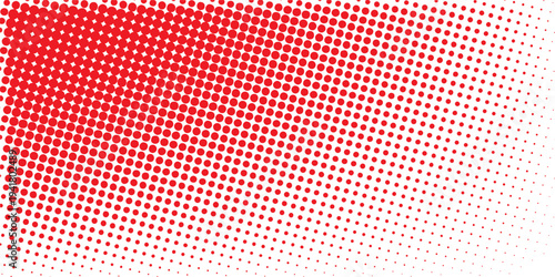 Red color halftone gradient texture. Vanishing cartoon polka dot background. Repeating dotted gradation pattern. Fading comic pop art overlay backdrop. Raster halftone effect wallpaper. Vector