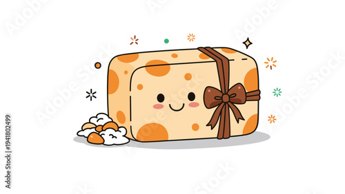 Cartoon illustration of a piece of swiss cheese wrapped as a gift with a brown ribbon and a cute smiling face for celebration.