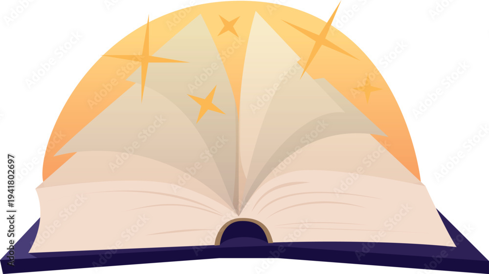 Obraz premium An open book icon with blank pages on a yellow round background with glitter.