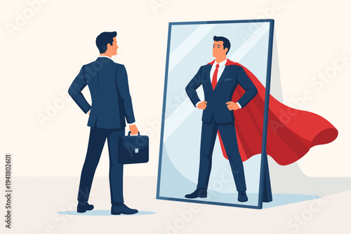 Motivated businessman in a suit looking into a mirror and seeing himself as a powerful superhero with a red cape, representing self-confidence, ambition, inner strength, and career success.