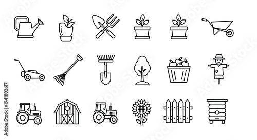 Gardening tools farm equipment and plants in a linear style silhouette