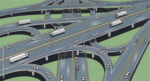 Complex Highway Interchange with Vehicles and Overpasses.