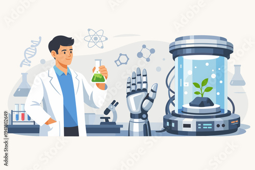 Scientist Researcher in Modern Science Laboratory Holding Lab Flask with Green Liquid Near Robotic Hand and High-Tech Capsule for Plant Growth Experiment, Biotechnology and Future Innovation.
