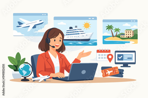 Professional female travel agent with headset booking vacations on a laptop, featuring icons for airplane flights, luxury cruise ships, tropical beach resorts, globe, and online ticket booking.