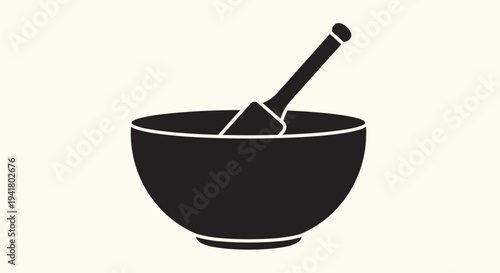 A simple black icon of a mortar and pestle on a beige background used for cooking or pharmacy, Generative AI.