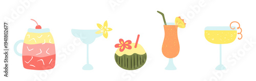 Tropical cocktail, juice illustration isolated set. Seasonal drink, summer holidays, vacations, tropical resort, beach, pool party. Flat design element, clip art collection, hand drawn vector