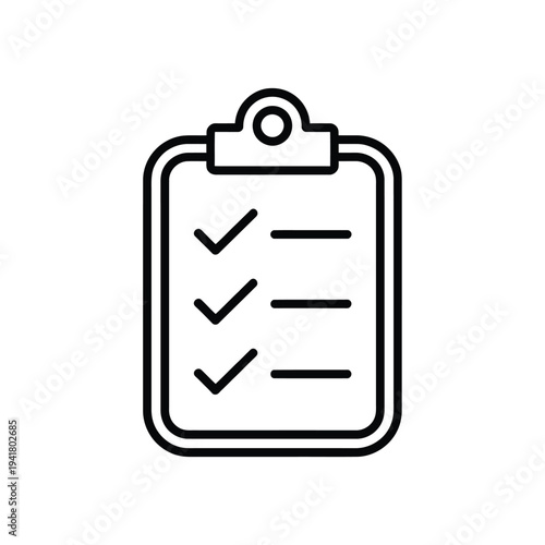 A black and white line drawing of a clipboard with checkmarks