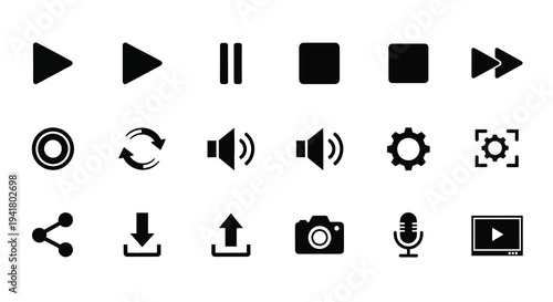 Collection of black media player and control icons a distinct silhouette