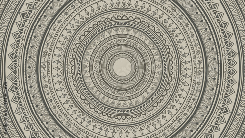 Highly detailed large circular mandala with ethnic patterns and ancient tribal symbols in a monochrome sepia tone design.